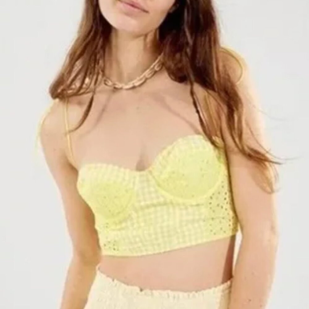 URBAN OUTFITTERS Sweet On You Gingham Eyelet Lace Bustier Top Yellow Cottage NWT